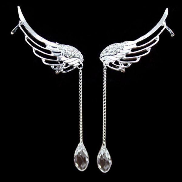 

zerotime #p8 2019 new fashion charm elegant angel wing crystal earrings drop dangle ear cuff clip minimalist style free shipping, Silver