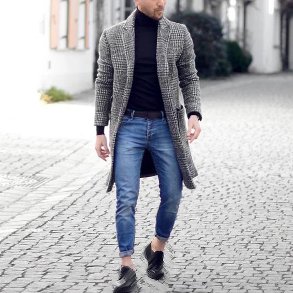 

mens wool jackets winter warm plaid lapel long sleeve pocket slim cardigan men's long cotton collar trench coat plus size, White;black