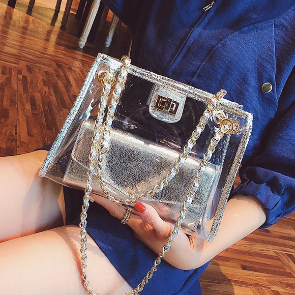 

transparent pvc handbag fashion chain women beach shoulder bag sweet lady jelly crystal tote crossbody composite bagosite bag