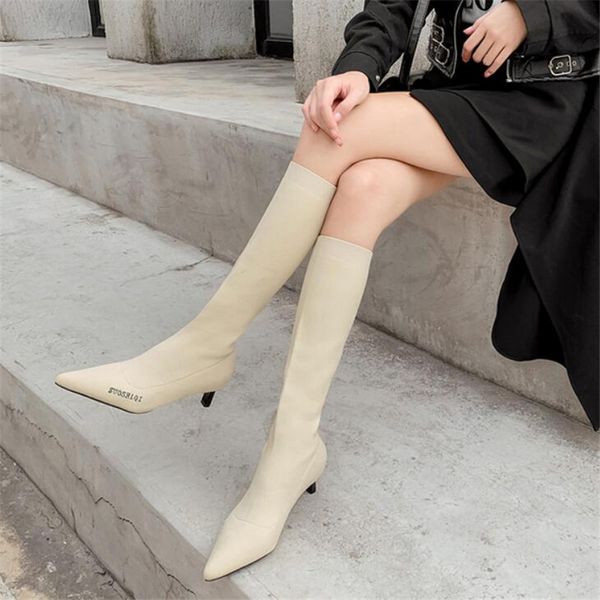 

mhysa 2019 women fashion stretch lady pointed fabric sock boots pointy toe heel knee-high fine heel pointed toe woman boot, Black