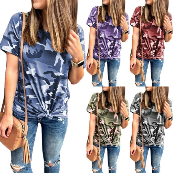 

womens summer camo tee casual blouse slim fit shirts t-shirts short sleeve, White