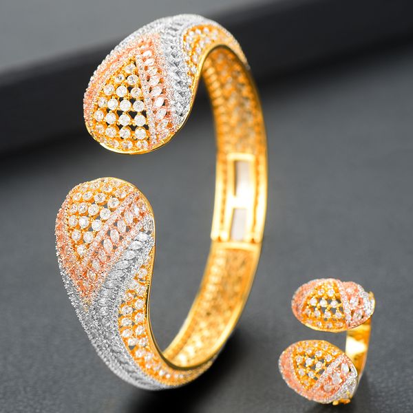 

larrauri 2pcs dubai african wedding jewelry sets cz zircon geometric bracelets/ring for women jewelry sets accessories, Silver