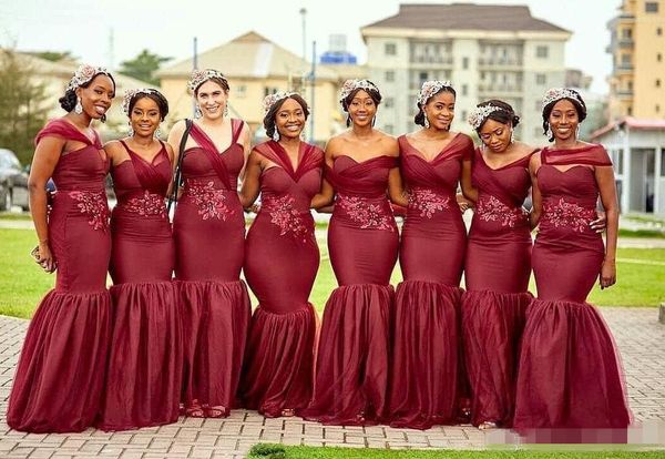 

african burgundy bridesmaid dresses plus size 2020 mermaid embroidery beaded floor length convertible maid of honor gown custom made, White;pink