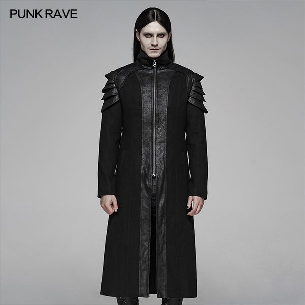 

punk rave men's punk double-side-woolen armor long coat with halloween club party cosplay jackets with pockets on both sides, Black