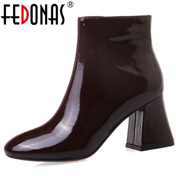 

fedonas fashion cow patent leather female boots women ankle boots winter warm dancing shoes woman big size high heels, Black