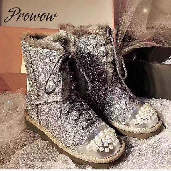 

prowow new genuine leather glitter pearl beading women boots round toe lace up warm fur winter boots shoes women, Black