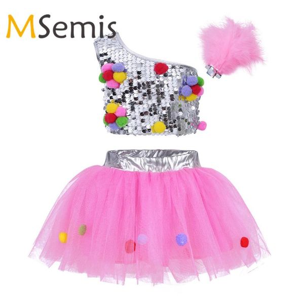 

kid girls cheerleader costume outfit one-shoulder sequins cheerleading crop with skirt hair clip cheerleading jazz uniform
