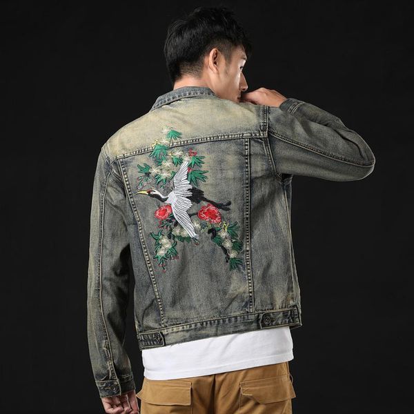 

европейский и американский стиль последний бренд tide мужская свободная вышитая джинсовая куртка мужская ретро тонкая красивая модная джинсо, Black;brown