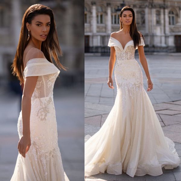 

mermaid millanova wedding dresses off shoulder short sleeve tulle lace beads sequins wedding gowns sweep train robe de mariÃ©e, White