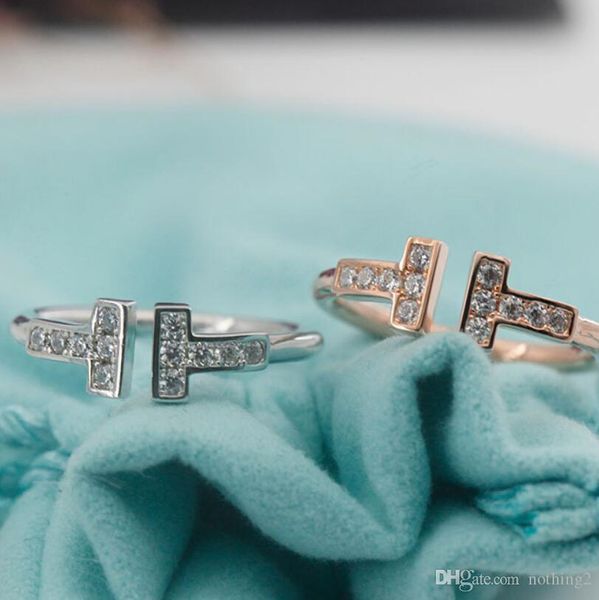 

luxury jewelry s925 sterling silver rings for women open diamond rings designer letter t style wedding rose gold ring