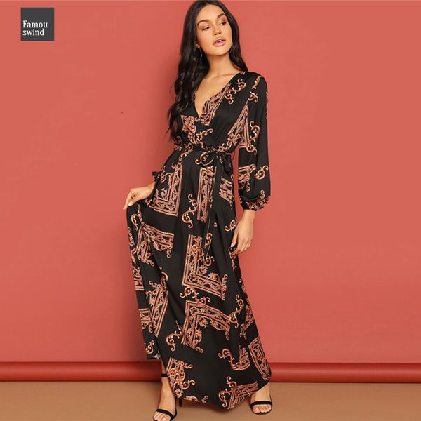 

платье шарф печати опоясанный женщины maxi осень завернуть line длинные платья партии 2019 элегантная осень flare v шеи дамы, Black;gray