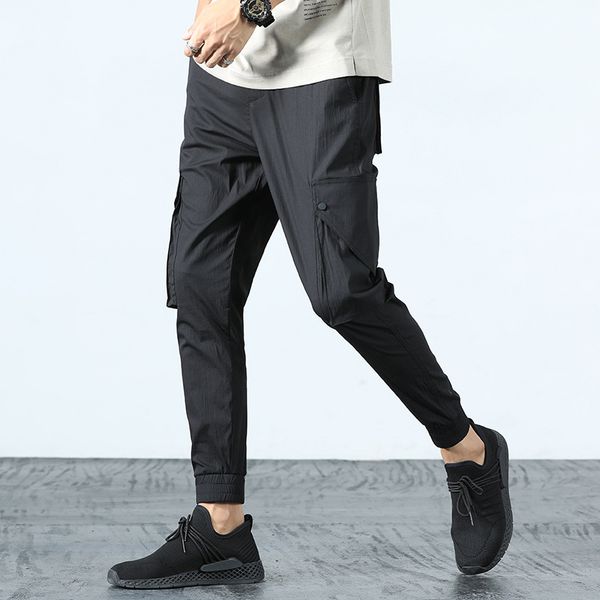 

2019 summer new korean version of the elastic casual feet pants nine points men's fashion slim casual 9 points beam pants, Black