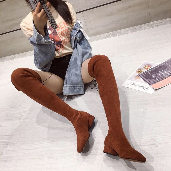 

2019 overknee boots woman stovepipe leg square elastic boots with with, Black