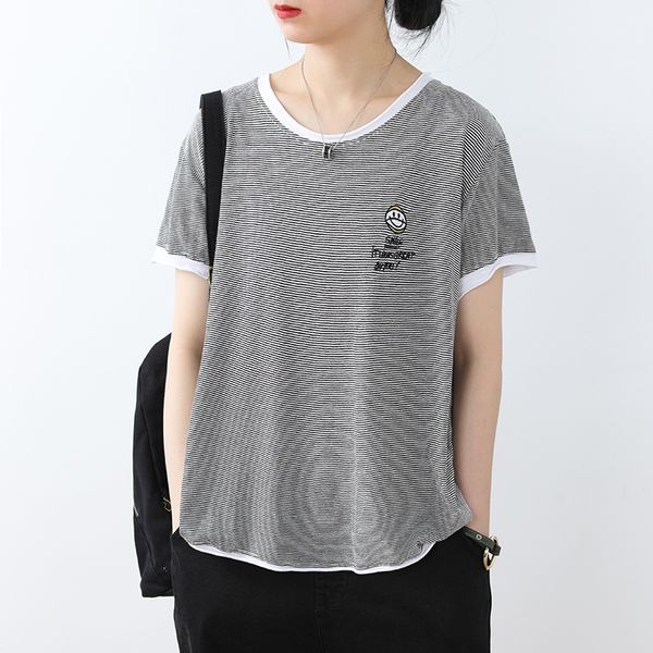 

women's t-shirt women summer 2021 cotton striped round neck short sleeve female clothes loose large size slimming, White