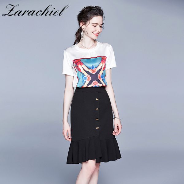 

two piece dress fashion runway t-shirt and ruffles skirt suit set women short sleeve printed tees + package hip mermaid, White