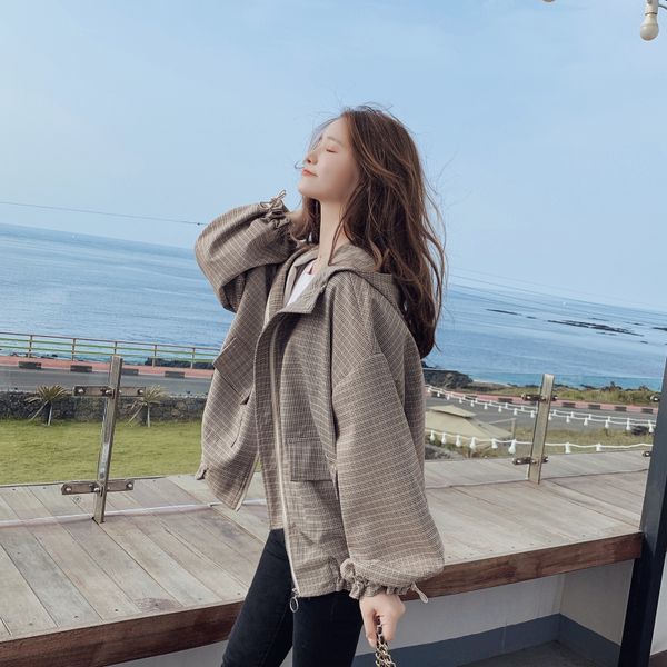 

2019 new women's jackets spring autumn bomber jacket womens outerwear hooded spring coat femme zip up plaid jacket, Black;brown