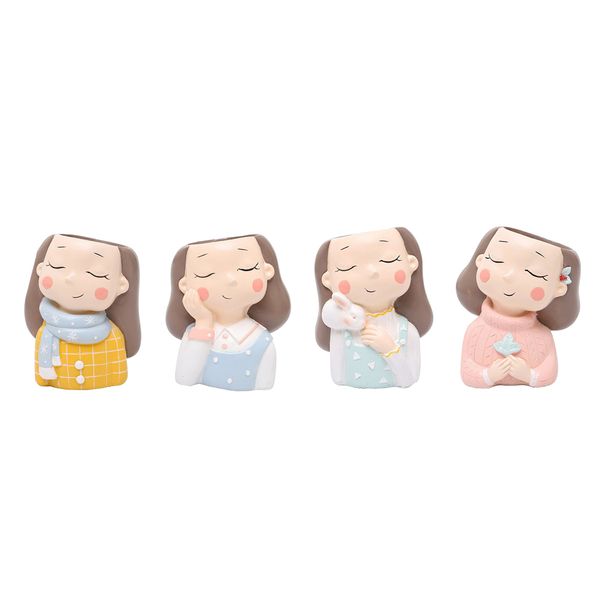 

4-packs lovely resin cartoon girl mini succulent cactus plant pot for home office desk decoration