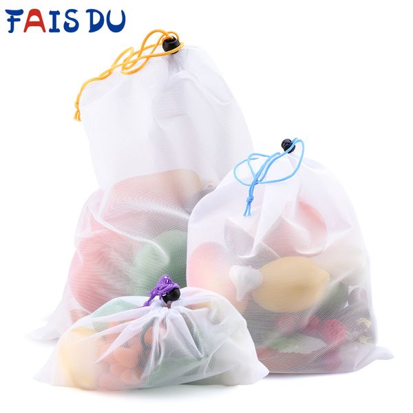 

3/9/15pcs reusable vegetable fruit mesh produce bags colorful tape washable eco-friendly bags for storage toys sundries