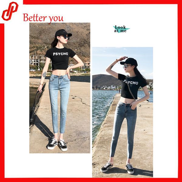 

2019 new stretch straight women's cropped jeans, Blue