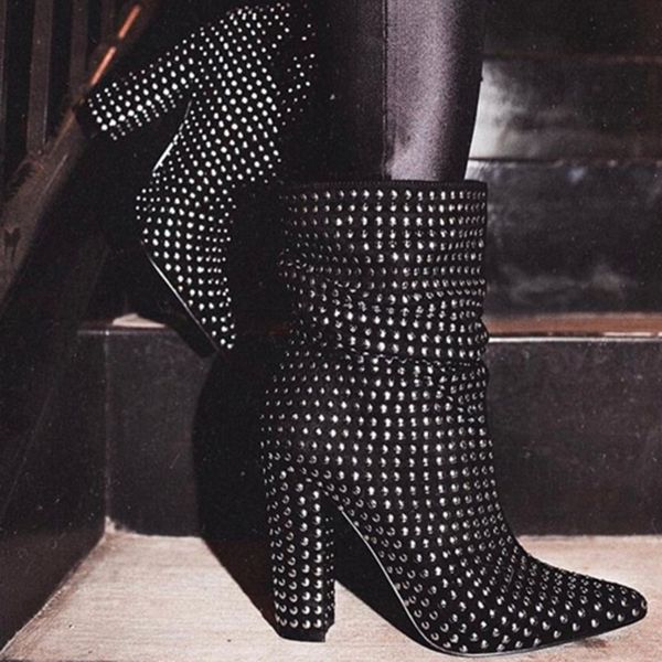 

plus size 42 luxury design boots women 11cm high heels fetish block rivets studded heels ankle boots chunky stripper black shoes