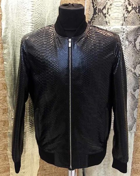 

classic luxury genuine python leather real exotic snake skin men's bomber jacket, Black;brown