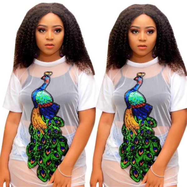 

Womens Summer Designer Perspective Tshirts Gauze Panelled Peacock Crew Neck Short Sleeve Fashion Feamle Clothing Plus Size Casual Apparel