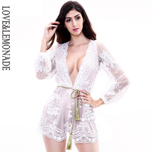 

love&lemonade white sequined lace v-neck with belt playsuits tb 8798, Black;white