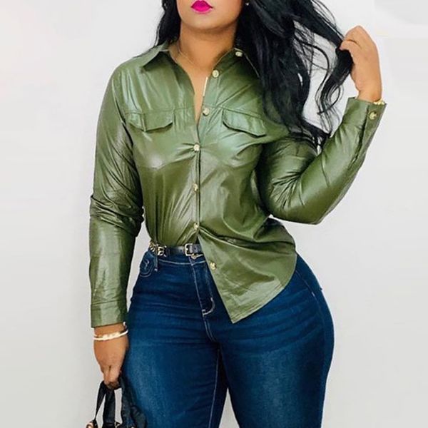 

casual pu leather shirts black red green streetwear fashion women turn-down collar buttons office work wear women blouses, White