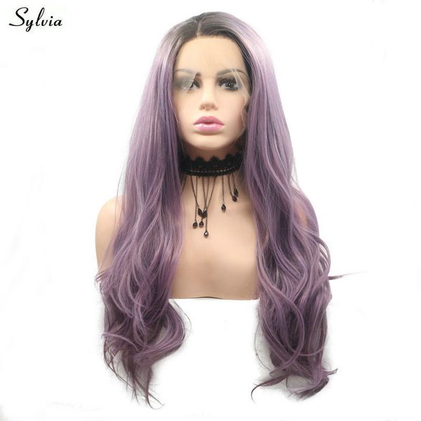 Synthetic Lace Frontal Wigs Dark Purple Ombre Roots Wavy Hair For