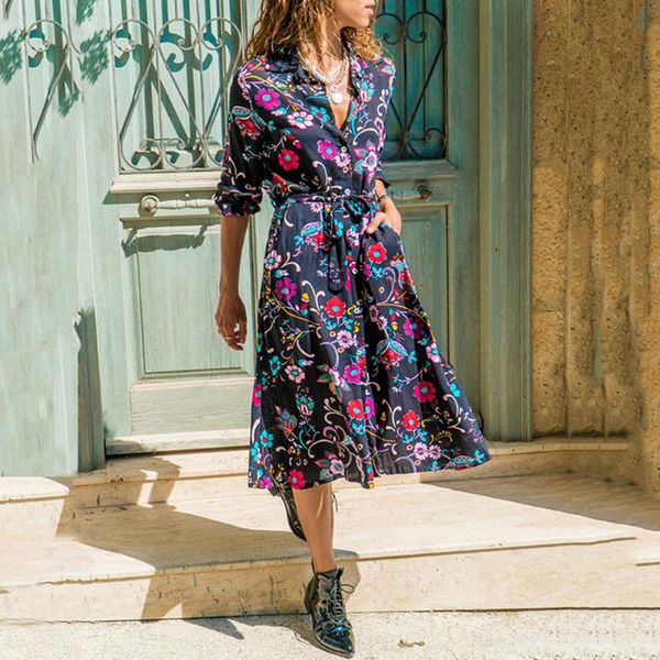 

платье 2020 новые платья женщины три четверти рукава высокой талией моды печати v-образным вырезом бинты женщины lounge сыпучие повседневный, Black;gray