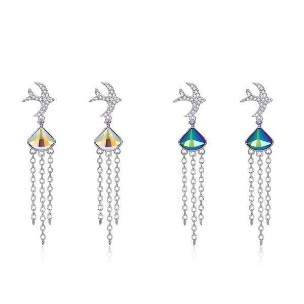 

elegant women drop earrings 925 sterling silver crystals from austria earrings tassel dangle cz zircons swallow lady, Golden;silver