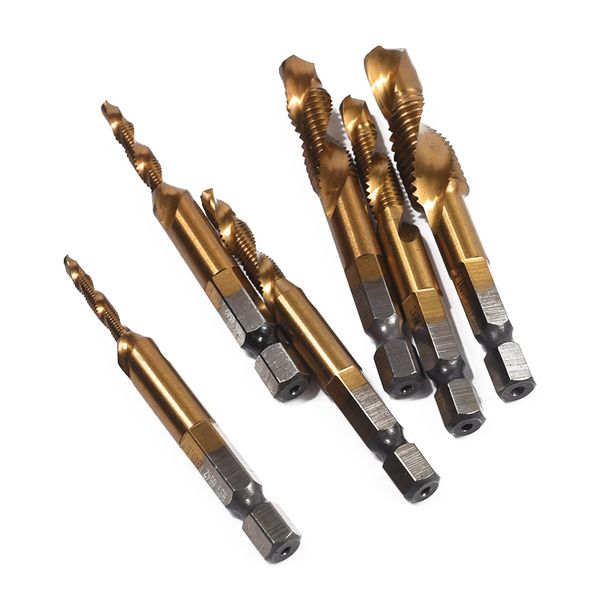 

1/6pcs metric thread drill tap bits titanium coated hss 1/4" hex shank bits set thread drill tap bits-30