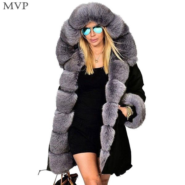 

fashion 2018 autumn winter women fur coat women casual hooded long sleeve faux fur coat, Black