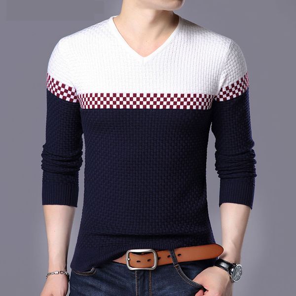 

2019 autumn winter warm wool sweaters casual hit color patchwork v-neck pullover men brand slim fit cotton sweater, White;black