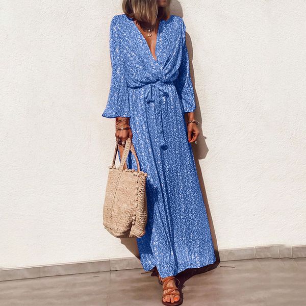 

v neck long sleeve women maxi dresses plus size beach sashes long dress female 2020 spring summer bohemian vestidos ladies 5xl, Black;gray