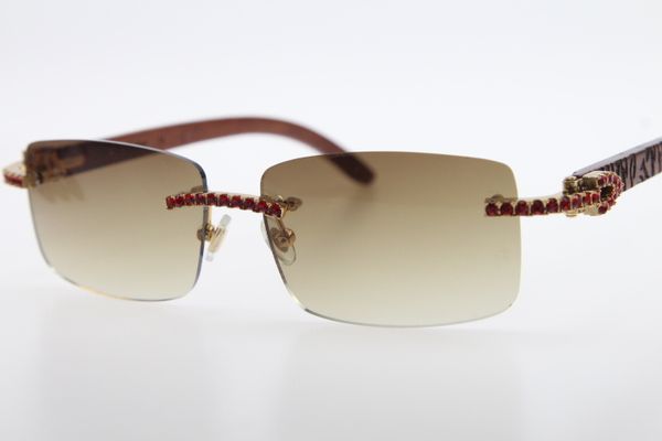 

2020 wholesale high end brand glasses new 3524012 carved wood red diamond rimless wood sunglasses men red stone wooen glasses, White;black