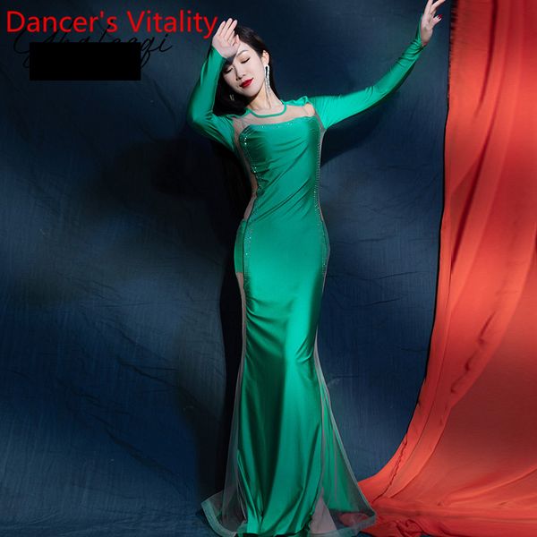 

new women belly dance practice clothes spandex mesh diamond dress adults oriental dancing stage performance training suit, Black;red