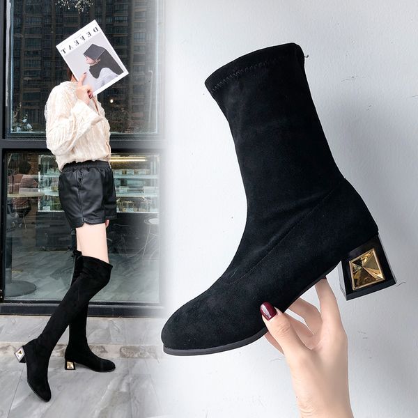 

lace up chunky heel platform brand women's shoes autumn boots bootee woman 2019 thigh high heels high booties, Black