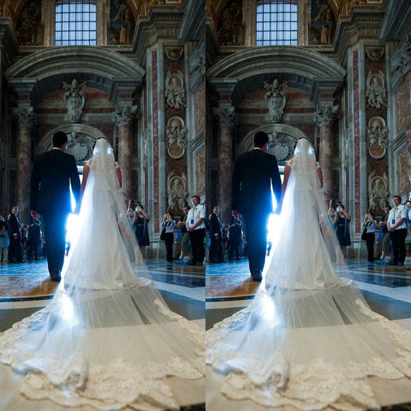 2019 vintage encantador véus nupciais sheer duas camadas tulle laço acessórios nupciais Catedral de longa véu do casamento pente branco puro branco
