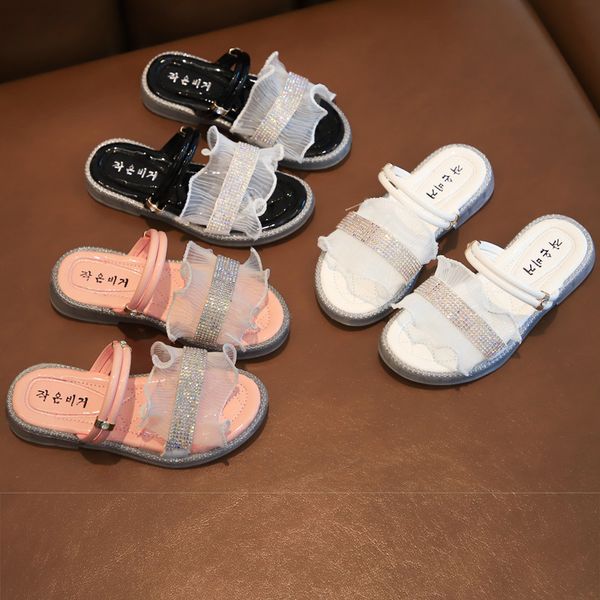 

summer bling lace princess girls slippers crystal solid home hook flip flop kids shoes for girl sandals sandalias niÃ±o verano, Black;grey