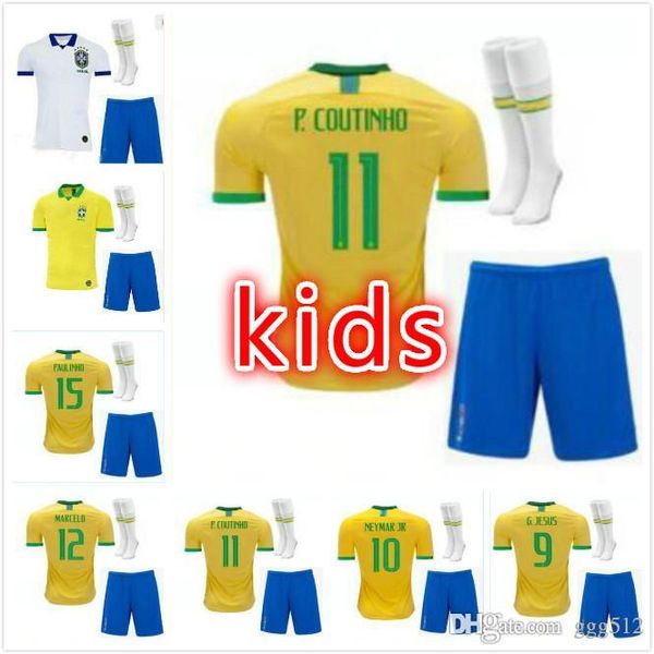 

kids kit 2019 2020 brazil soccer jersey jr coutinho paulinho marcelo g jesus 2020 brasil costa home away man and woman football shirts, Black;yellow