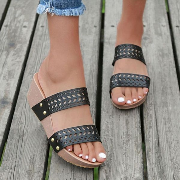 

sandals women summer hollow out wedges shoes for women roman style slipper flip flop soft bottom shoes woman zapatos de mujer, Black