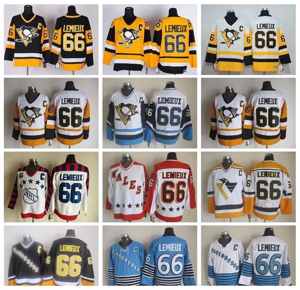 

66 mario lemieux jersey men pittsburgh ice hockey mario lemieux vintage jerseys ccm all stitched black white yellow blue, Black;red