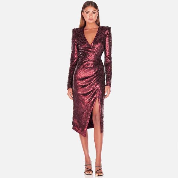 

wholesale 2019 autumn and winter woman's dress red wine long sleeve sequin v-neck celebrity boutique cocktail party dress, Black;gray