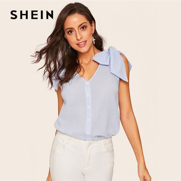 

shein blue casual bow knot shoulder button up striped women blouse summer boho v neck sleeveless womens and blouses, White