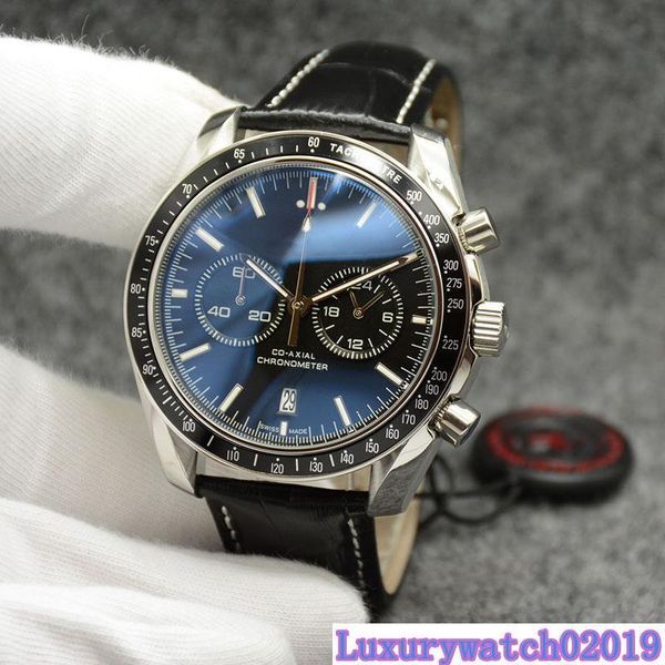 

44mm quartz chronograph date mens watches watch two subdials black leather band fixed bezel with a ring showing tachymeter markings, Slivery;brown