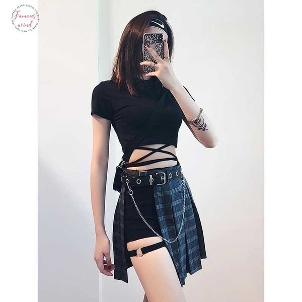

gothic harajuku mini pleated skirts womens without shorts hollowed out plaid women 2020 fashion summe clothes skirt, Black