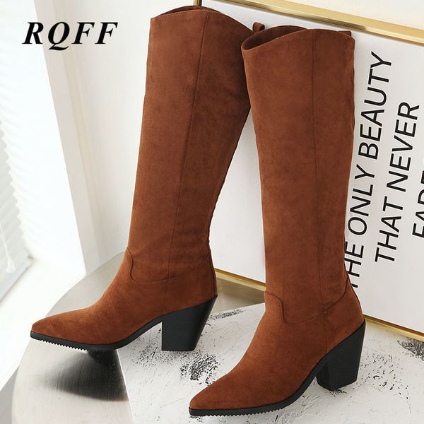 

2019 new autumn knee high boots women plus size 46 riding equestrian high 7cm square heel shoes black brown coffee boot woman