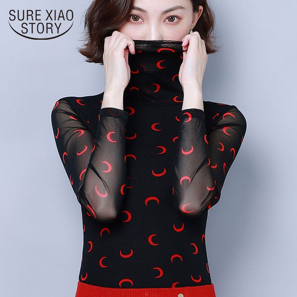 

women chiffon tshirts autumn clothing women long sleeve shirts turtleneck t-shirt mesh print ladies plus size 4xl 7522 50, White
