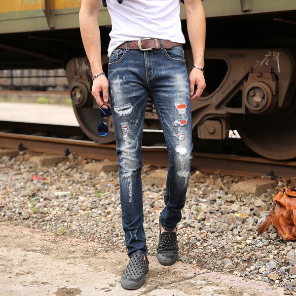 

autumn men's jeans ripped hole denim trousers fashion straight mens denim pants mid zipper long jeans slim pants wholesale, Blue
